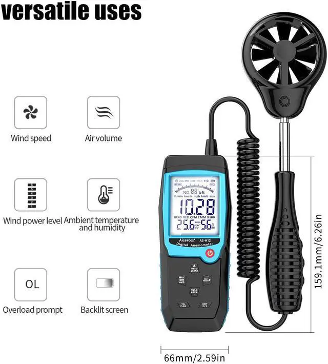 Alt view image 7 of 7 - H12 Digital Anemometer Handheld Wind Speed Meter with Extended Wind Sensor, Measures Wind Speed Wind Flow Temperature and Humidity CFM Air Flow Velocity Meter with Big Backlit Screen