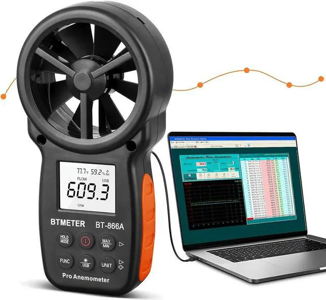 Main image of BT-866A Pro Handheld HVAC Anemometer for CFM Air Flow, Wind Speed Meter Gauge Measures Wind Velocity Temp%RH Dew Point with USB Sync to PC