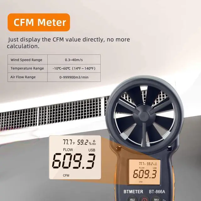 Alt view image 3 of 7 - BT-866A Pro Handheld HVAC Anemometer for CFM Air Flow, Wind Speed Meter Gauge Measures Wind Velocity Temp%RH Dew Point with USB Sync to PC