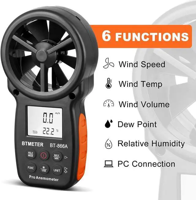 Alt view image 2 of 7 - BT-866A Pro Handheld HVAC Anemometer for CFM Air Flow, Wind Speed Meter Gauge Measures Wind Velocity Temp%RH Dew Point with USB Sync to PC