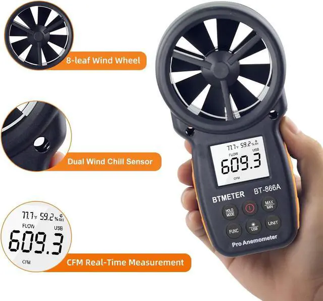 Alt view image 5 of 7 - BT-866A Pro Handheld HVAC Anemometer for CFM Air Flow, Wind Speed Meter Gauge Measures Wind Velocity Temp%RH Dew Point with USB Sync to PC