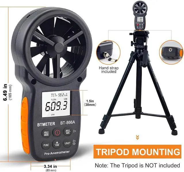 Alt view image 6 of 7 - BT-866A Pro Handheld HVAC Anemometer for CFM Air Flow, Wind Speed Meter Gauge Measures Wind Velocity Temp%RH Dew Point with USB Sync to PC