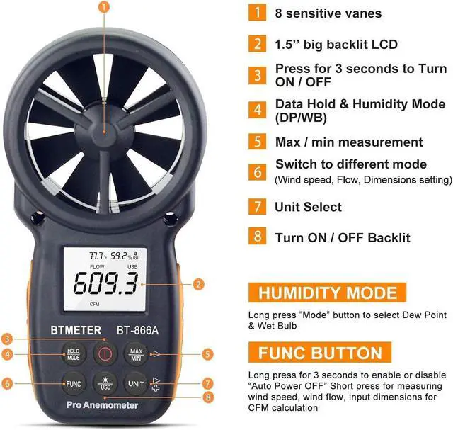 Alt view image 7 of 7 - BT-866A Pro Handheld HVAC Anemometer for CFM Air Flow, Wind Speed Meter Gauge Measures Wind Velocity Temp%RH Dew Point with USB Sync to PC