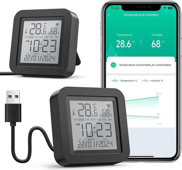 Main image of Smart WiFi Thermometer Hygrometer, Indoor Temperature Humidity Sensor Electronic Ink Display & IR Contorl, App Notification Alert, Free Data Storage Export