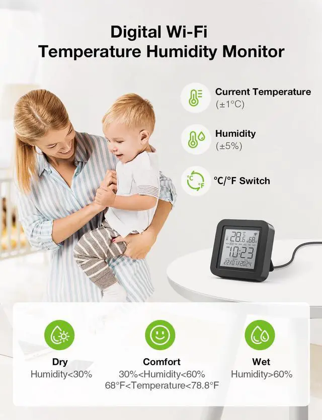 Alt view image 4 of 7 - Smart WiFi Thermometer Hygrometer, Indoor Temperature Humidity Sensor Electronic Ink Display & IR Contorl, App Notification Alert, Free Data Storage Export