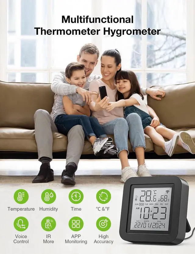 Alt view image 6 of 7 - Smart WiFi Thermometer Hygrometer, Indoor Temperature Humidity Sensor Electronic Ink Display & IR Contorl, App Notification Alert, Free Data Storage Export