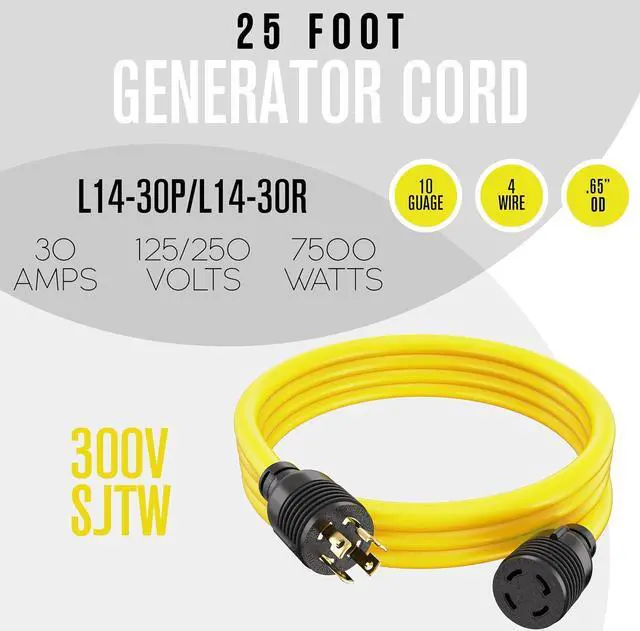 Alt view image 4 of 7 - 30 Amp Generator Cord 4 Prong, Extension Generator Cable, 25 Ft, 125-250v, 7500 watt max Rating, UL CUL, NEMA L-14-30P, Rubber, 10 Gauge, Heavy Duty, L14-30, Transfer, Twist Lock Power Cord