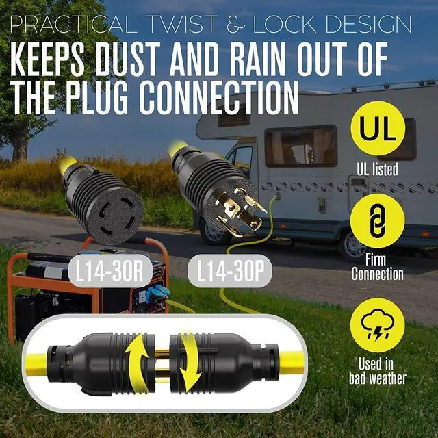 Alt view image 2 of 7 - 30 Amp Generator Cord 4 Prong, Extension Generator Cable, 25 Ft, 125-250v, 7500 watt max Rating, UL CUL, NEMA L-14-30P, Rubber, 10 Gauge, Heavy Duty, L14-30, Transfer, Twist Lock Power Cord