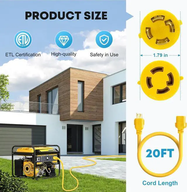 Alt view image 5 of 7 - L14-30 Generator Cord 30 Amp 4 Prong 20FT, Heavy Duty Generator Power Locking Cord for Manual Transfer Switch, Electric Extension Wire 10 Gauge 125/250V, 7500W with Cord Organizer