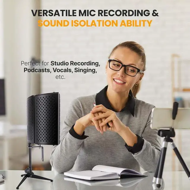 Alt view image 7 of 7 - Sound Isolation Recording Booth Shield - 2" Thick Foldable Studio Microphone Dampening Filter Foam Cube, Audio Acoustic Noise Isolator Platform Pads w/ Wedgie Padding, Tripod Base Stand