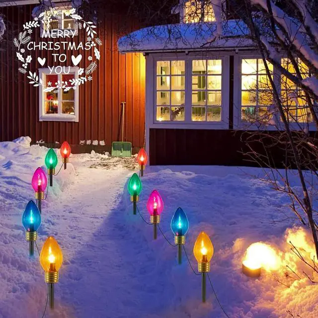 Alt view image 2 of 6 - 2 Pack Christmas Lights Jumbo C9 Outdoor Lawn Decorations with Pathway Marker Stakes, 8.5Ft C7 Lights Covered Jumbo Glitter Multicolor Bulb for Holiday Outside Yard Garden Decor, 10 Lights