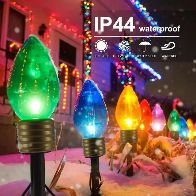 Alt view image 3 of 6 - 2 Pack Christmas Lights Jumbo C9 Outdoor Lawn Decorations with Pathway Marker Stakes, 8.5Ft C7 Lights Covered Jumbo Glitter Multicolor Bulb for Holiday Outside Yard Garden Decor, 10 Lights