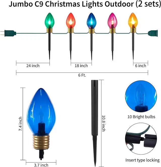 Alt view image 4 of 6 - 2 Pack Christmas Lights Jumbo C9 Outdoor Lawn Decorations with Pathway Marker Stakes, 8.5Ft C7 Lights Covered Jumbo Glitter Multicolor Bulb for Holiday Outside Yard Garden Decor, 10 Lights