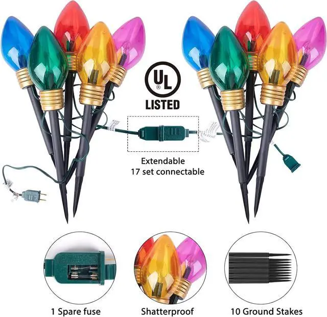 Alt view image 5 of 6 - 2 Pack Christmas Lights Jumbo C9 Outdoor Lawn Decorations with Pathway Marker Stakes, 8.5Ft C7 Lights Covered Jumbo Glitter Multicolor Bulb for Holiday Outside Yard Garden Decor, 10 Lights