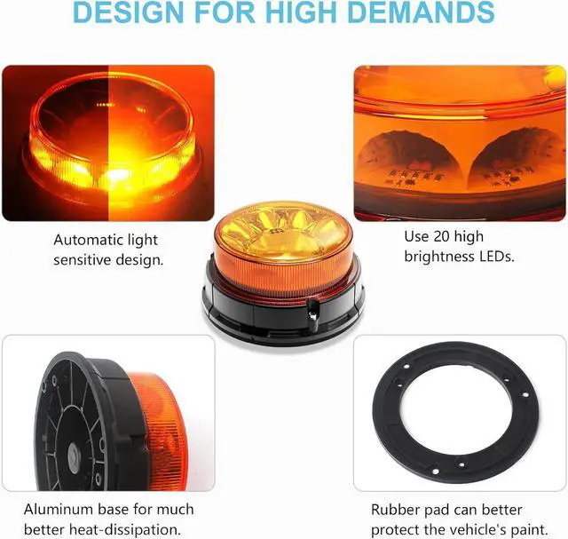 Alt view image 4 of 7 - Class I Big LED Beacon Light 6.6", 80W Automatic Light-sensitive Warning Caution Lights,Rooftop Permanet Mount Flashing Strobe Lights for Construction Vehicles Trucks Car