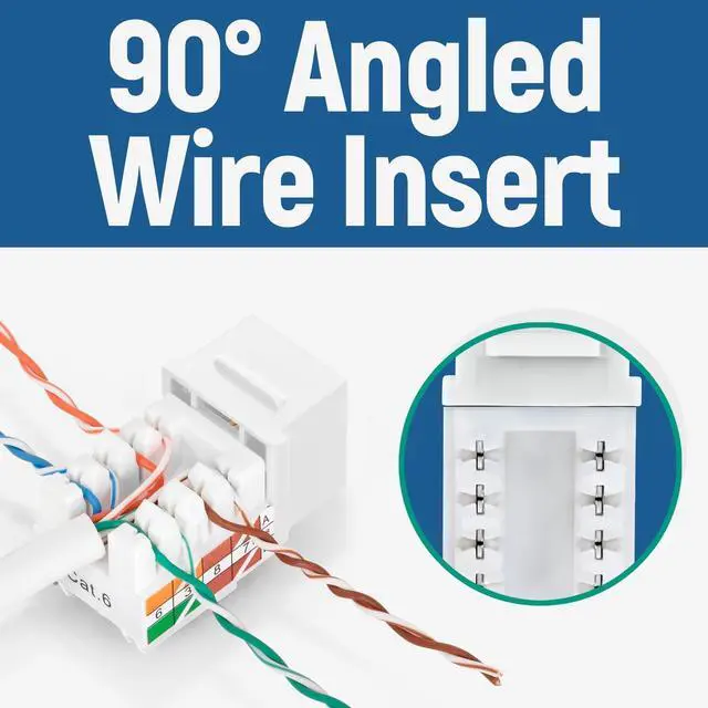 Alt view image 3 of 7 - Media 90° Angled Cat6 Keystone Jacks 50-Pack in White - Slim Profile Female RJ45 Connectors - Ethernet Wall Jack - Cat 6 Keystone Jack - Cat 6 Wall Jack - RJ45 Wall Jack - Cat 6 Jack