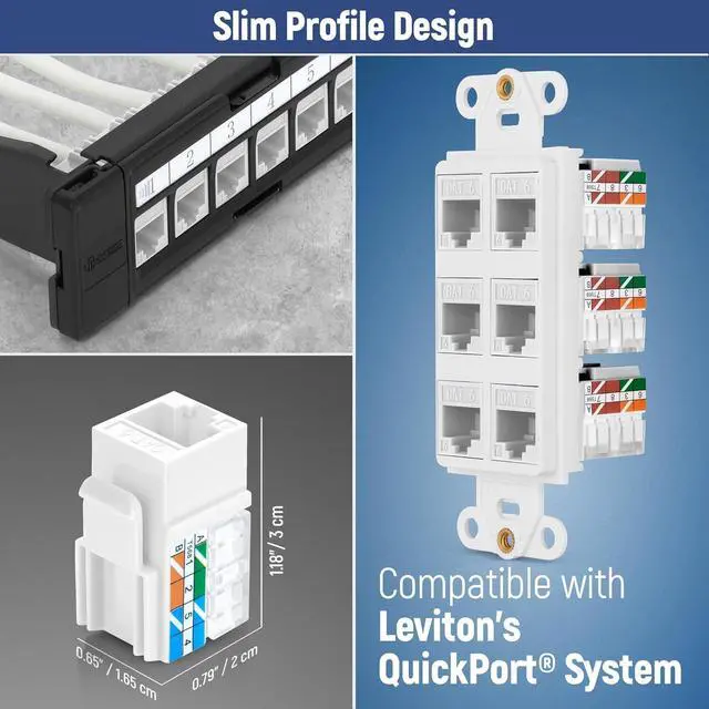 Alt view image 6 of 7 - Media 90° Angled Cat6 Keystone Jacks 50-Pack in White - Slim Profile Female RJ45 Connectors - Ethernet Wall Jack - Cat 6 Keystone Jack - Cat 6 Wall Jack - RJ45 Wall Jack - Cat 6 Jack