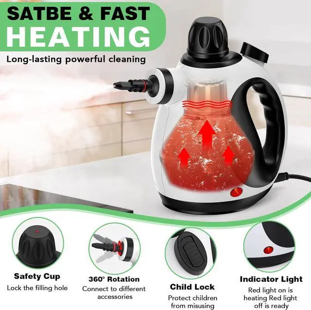 Alt view image 5 of 7 - Steam Cleaner, Handheld Pressurized Steamer with 10-Piece Accessory Set, Multipurpose Portable Upholstery Steamer Cleaning with Safety Lock, All Natural Steam Cleaner for Home, Upholstery, Car, Floor