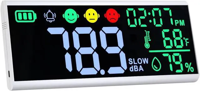 Main image of Meter 13 inches Sound Decibel Meter, Wall Hanging and Desktop Sound Level Meter Large LED Noise Meter Displays Decibel Time Temperature Humidity with Buzzer & Icons Alarm for Classroom Studio