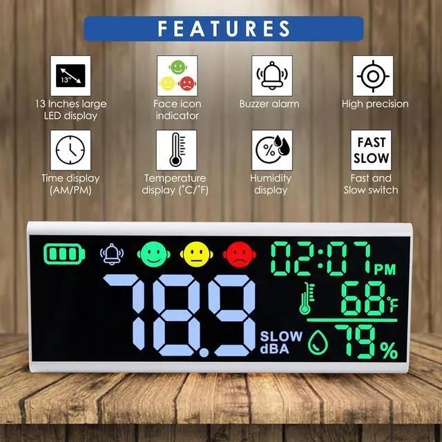Alt view image 2 of 7 - Meter 13 inches Sound Decibel Meter, Wall Hanging and Desktop Sound Level Meter Large LED Noise Meter Displays Decibel Time Temperature Humidity with Buzzer & Icons Alarm for Classroom Studio