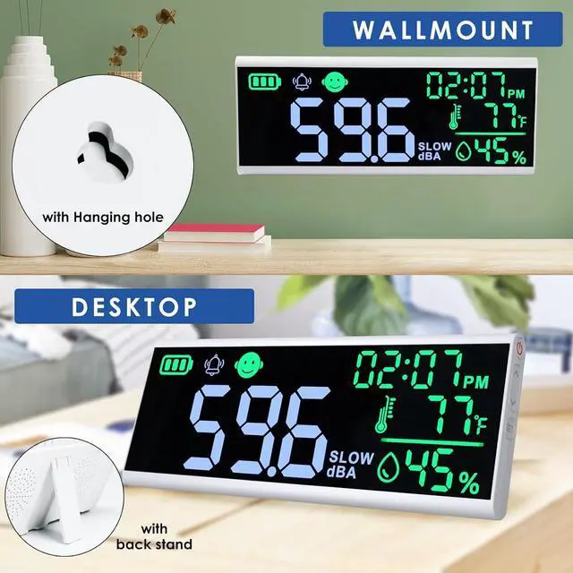 Alt view image 3 of 7 - Meter 13 inches Sound Decibel Meter, Wall Hanging and Desktop Sound Level Meter Large LED Noise Meter Displays Decibel Time Temperature Humidity with Buzzer & Icons Alarm for Classroom Studio