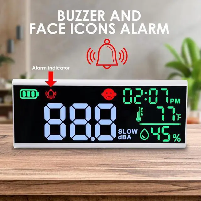 Alt view image 4 of 7 - Meter 13 inches Sound Decibel Meter, Wall Hanging and Desktop Sound Level Meter Large LED Noise Meter Displays Decibel Time Temperature Humidity with Buzzer & Icons Alarm for Classroom Studio