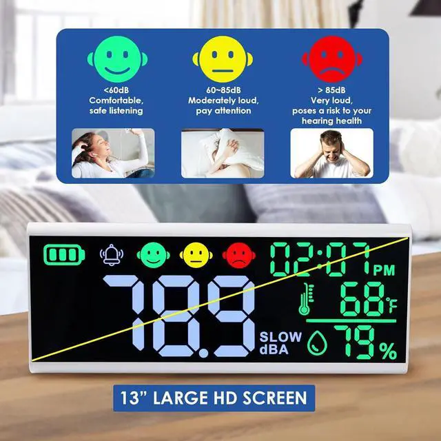 Alt view image 5 of 7 - Meter 13 inches Sound Decibel Meter, Wall Hanging and Desktop Sound Level Meter Large LED Noise Meter Displays Decibel Time Temperature Humidity with Buzzer & Icons Alarm for Classroom Studio