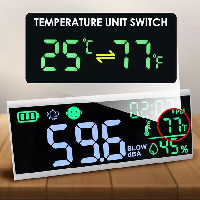 Alt view image 6 of 7 - Meter 13 inches Sound Decibel Meter, Wall Hanging and Desktop Sound Level Meter Large LED Noise Meter Displays Decibel Time Temperature Humidity with Buzzer & Icons Alarm for Classroom Studio
