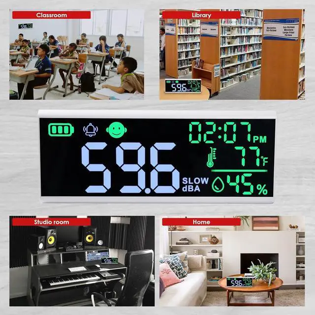 Alt view image 7 of 7 - Meter 13 inches Sound Decibel Meter, Wall Hanging and Desktop Sound Level Meter Large LED Noise Meter Displays Decibel Time Temperature Humidity with Buzzer & Icons Alarm for Classroom Studio