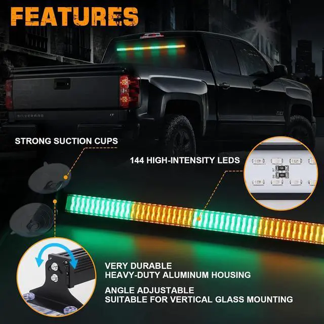 Alt view image 3 of 6 - 35 inch Traffic Advisor Light Bar 144 LED Green Amber strobe lights Emergency Warning Flashing Safety Interior Windshield w/Directional Arrow for Construction Vehicles plow Trucks