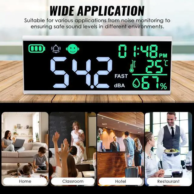 Alt view image 2 of 7 - 30~130dB Sound Level Meter, 13 inches LCD Display Wall Hanging Sound Gauge, Noise Level Detector, Decibel Monitoring Device, Time, Temperature, Humidity for Studio Classroom Home