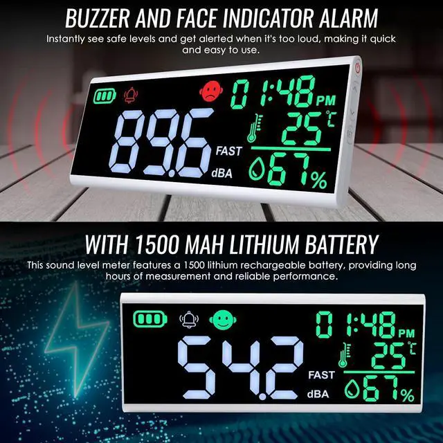 Alt view image 3 of 7 - 30~130dB Sound Level Meter, 13 inches LCD Display Wall Hanging Sound Gauge, Noise Level Detector, Decibel Monitoring Device, Time, Temperature, Humidity for Studio Classroom Home