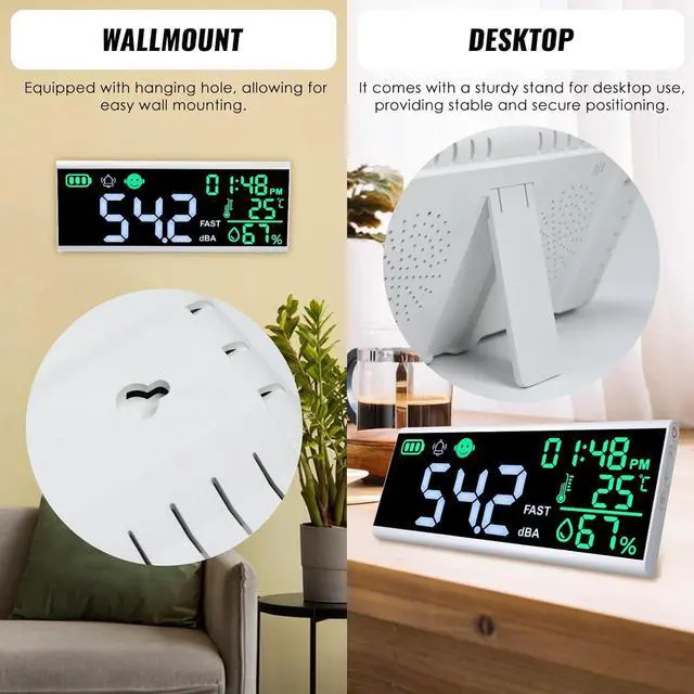 Alt view image 4 of 7 - 30~130dB Sound Level Meter, 13 inches LCD Display Wall Hanging Sound Gauge, Noise Level Detector, Decibel Monitoring Device, Time, Temperature, Humidity for Studio Classroom Home