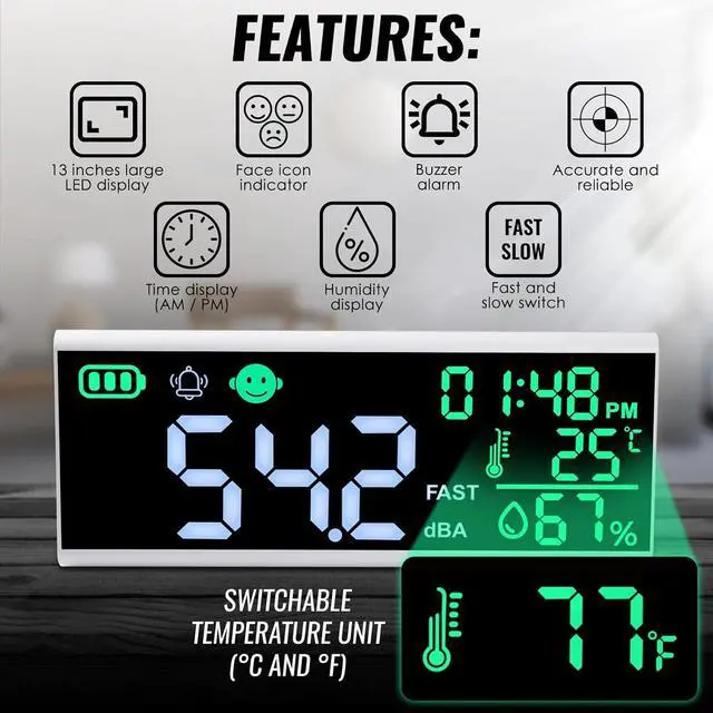 Alt view image 6 of 7 - 30~130dB Sound Level Meter, 13 inches LCD Display Wall Hanging Sound Gauge, Noise Level Detector, Decibel Monitoring Device, Time, Temperature, Humidity for Studio Classroom Home