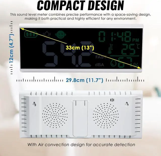 Alt view image 7 of 7 - 30~130dB Sound Level Meter, 13 inches LCD Display Wall Hanging Sound Gauge, Noise Level Detector, Decibel Monitoring Device, Time, Temperature, Humidity for Studio Classroom Home