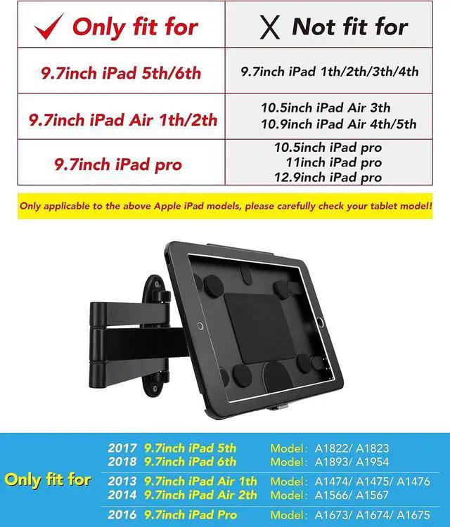 Alt view image 2 of 7 - Wall Mount Bracket with fold for iPad 9.7-Inch6th,5th,Gen.,Air 1& 2Pro, Excluding Other 9.7".Extend Adjustable Arm Swivel with Anti Theft Lock, Multi Angle, Rotate Design,Metal (Black)