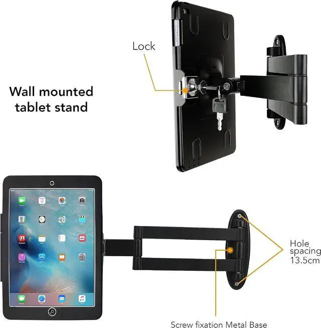 Alt view image 4 of 7 - Wall Mount Bracket with fold for iPad 9.7-Inch6th,5th,Gen.,Air 1& 2Pro, Excluding Other 9.7".Extend Adjustable Arm Swivel with Anti Theft Lock, Multi Angle, Rotate Design,Metal (Black)