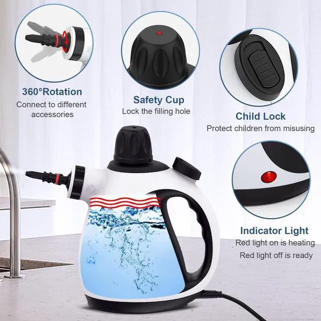 Alt view image 6 of 6 - Handheld Steam Cleaner, Steam Cleaner for Home with 10 Accessory Kit, Multipurpose Portable Upholstery Steamer Cleaning with Safety Lock to Remove Grime, Grease, and More, White