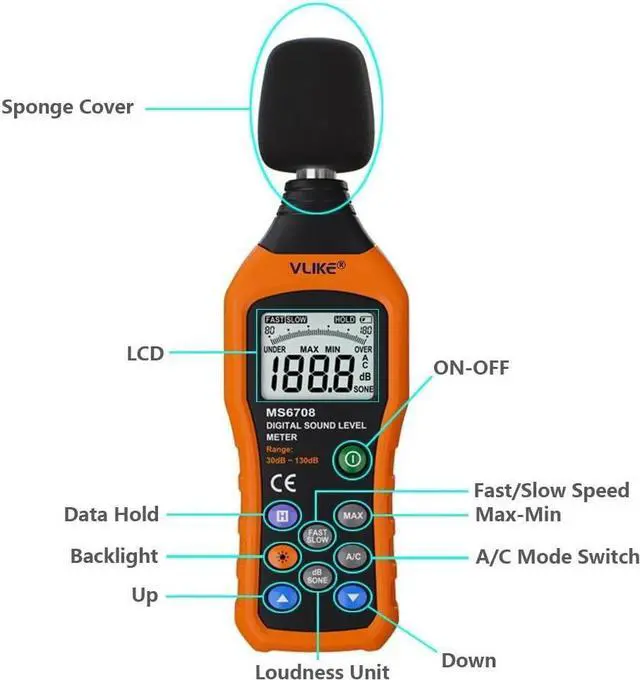 Alt view image 2 of 7 - LCD Digital Audio Decibel Meter Sound Level Meter Noise Level Meter Sound Monitor dB Meter Noise Measurement Measuring 30 dB to 130 dB A/C Mode (Batteries Not Include)