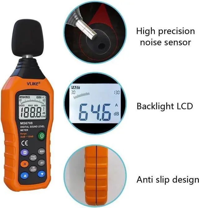 Alt view image 3 of 7 - LCD Digital Audio Decibel Meter Sound Level Meter Noise Level Meter Sound Monitor dB Meter Noise Measurement Measuring 30 dB to 130 dB A/C Mode (Batteries Not Include)
