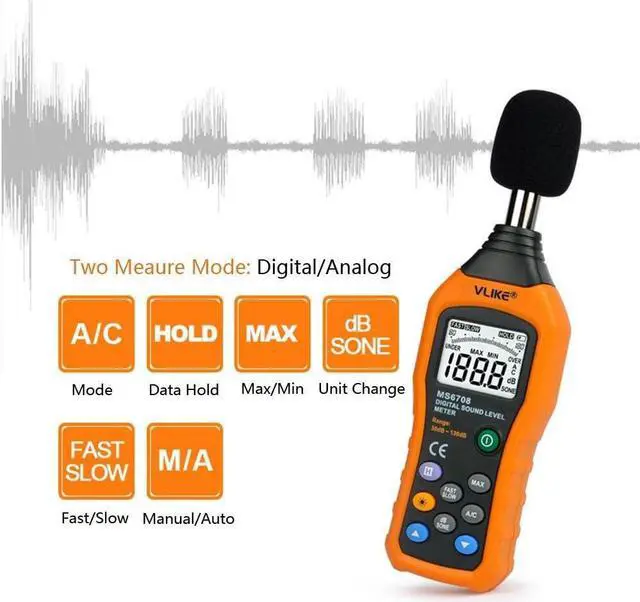 Alt view image 5 of 7 - LCD Digital Audio Decibel Meter Sound Level Meter Noise Level Meter Sound Monitor dB Meter Noise Measurement Measuring 30 dB to 130 dB A/C Mode (Batteries Not Include)