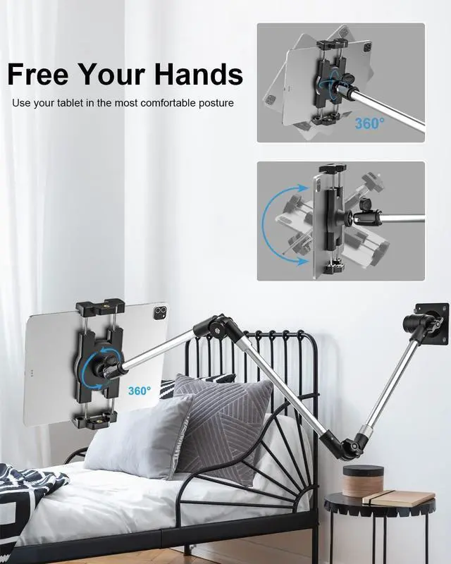 Alt view image 2 of 7 - Tablet Wall Mount, 35" Aluminum Alloy Foldable Arm, 360 Degree Angle Adjustable for Kitchen/Desk, Compatible with 4.7-13" Tablet Like iPad Pro, Air, Mini, iPhone, Galaxy, Fire, Switch, Camera, Webcam