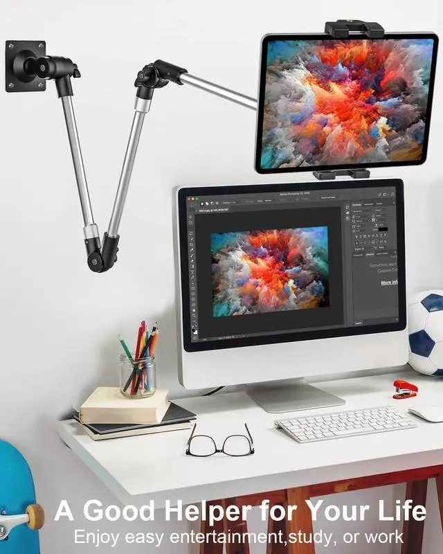 Alt view image 5 of 7 - Tablet Wall Mount, 35" Aluminum Alloy Foldable Arm, 360 Degree Angle Adjustable for Kitchen/Desk, Compatible with 4.7-13" Tablet Like iPad Pro, Air, Mini, iPhone, Galaxy, Fire, Switch, Camera, Webcam