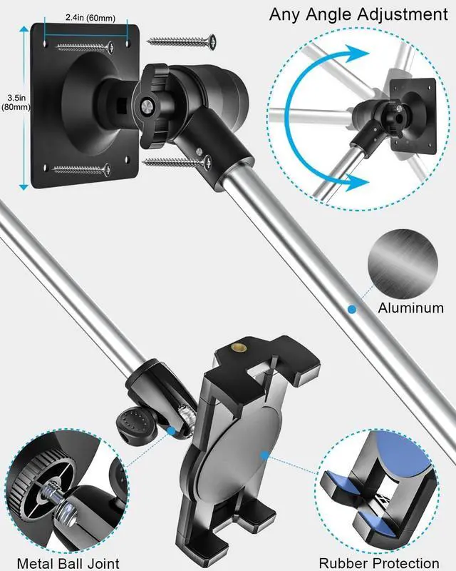Alt view image 6 of 7 - Tablet Wall Mount, 35" Aluminum Alloy Foldable Arm, 360 Degree Angle Adjustable for Kitchen/Desk, Compatible with 4.7-13" Tablet Like iPad Pro, Air, Mini, iPhone, Galaxy, Fire, Switch, Camera, Webcam