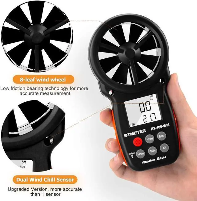 Alt view image 3 of 7 - Digital Anemometer Barometer Handheld, for Wind Speed Temperature Wind Chill Tester w/Humidity, Altitude, Barometric Pressure Meter for Climbing Drone HVAC CFM BT-100WM
