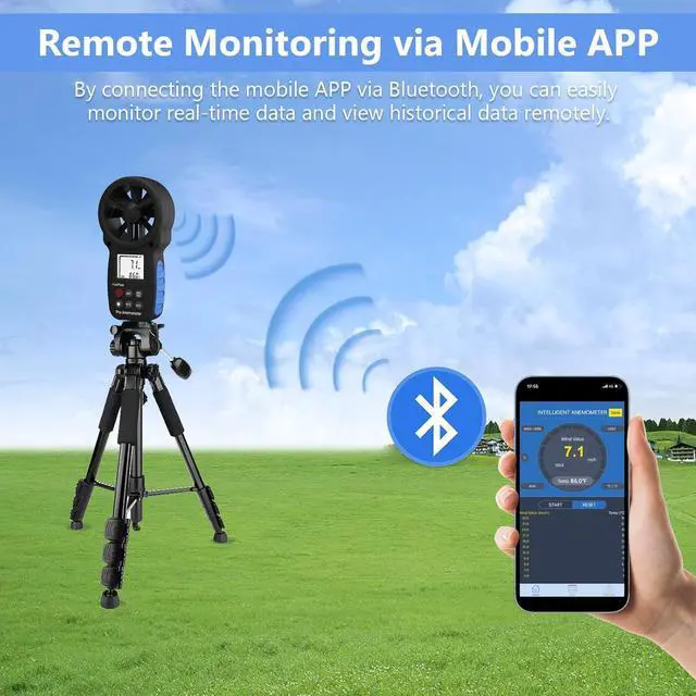 Alt view image 2 of 7 - Handheld Anemometer Bluetooth, Digital Wind Speed Gauge Meter, Air Flow Velocity Temperature CFM Measuring Device for HVAC Outdoor Sailing Shooting Golf, 866B-APP