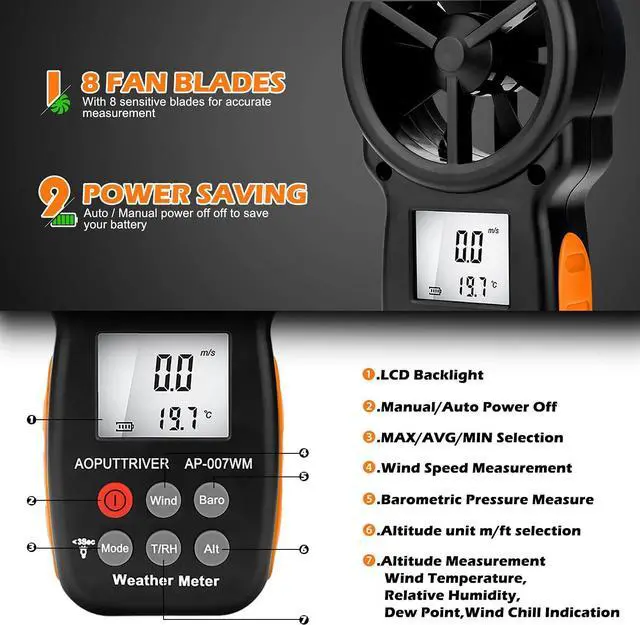 Alt view image 2 of 7 - Digital Anemometer Barometer Handheld Anemometer, Wind Speed Meter for Wind Speed/Temperature with Wind Chill & Relative Humidity,Altitude, Barometric Pressure measure for HVAC CFM Shooting -AP-007WM