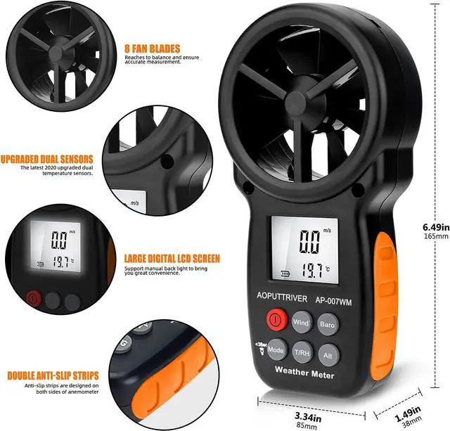 Alt view image 4 of 7 - Digital Anemometer Barometer Handheld Anemometer, Wind Speed Meter for Wind Speed/Temperature with Wind Chill & Relative Humidity,Altitude, Barometric Pressure measure for HVAC CFM Shooting -AP-007WM
