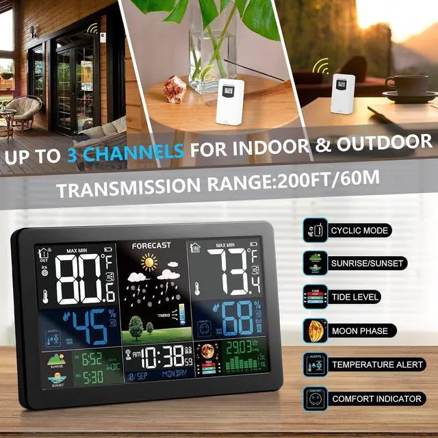 Alt view image 3 of 7 - Weather Station Wireless Indoor Outdoor Thermometer with 3 Remote Sensors and Color Display Atomic Clock, Weather Thermometer Forecast Station with Sunrise Sunset Time and Tide Level