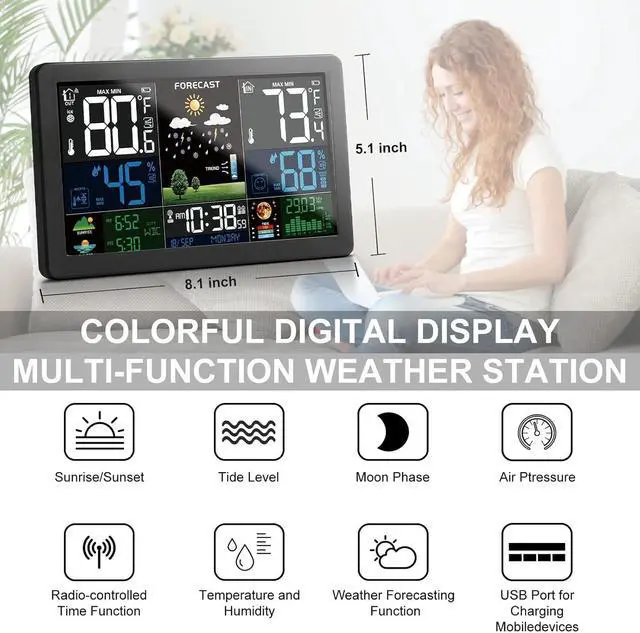 Alt view image 2 of 7 - Weather Station Wireless Indoor Outdoor Thermometer with 3 Remote Sensors and Color Display Atomic Clock, Weather Thermometer Forecast Station with Sunrise Sunset Time and Tide Level